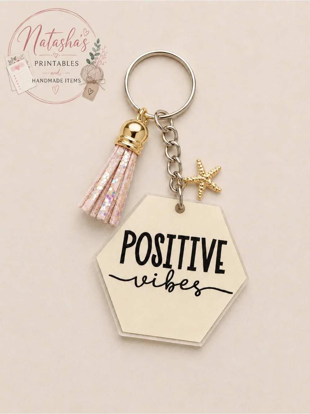 Positive Vibes Hex Keychain with Pink Tassel